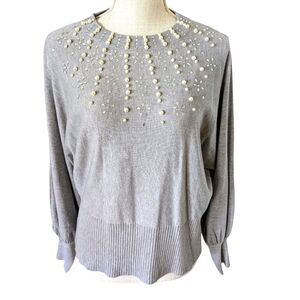 LIV Milano Sweater Womens S Gray Knit Embellished Pearl Long Sleeve Pullover NWT